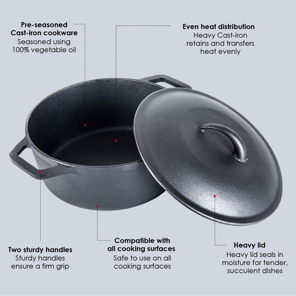 Wonderchef Forza Pre Seasoned Cast Iron Casserole with Lid 25 cm 4.7L