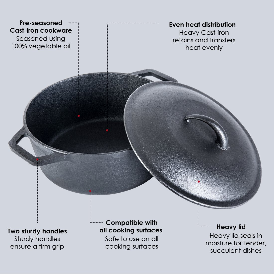 Wonderchef Forza Pre Seasoned Cast Iron Casserole with Lid 25 cm 4.7L
