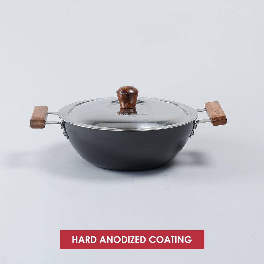 Wonderchef Ebony Hard Anodized Wok with Lid - 24cm 2.7L