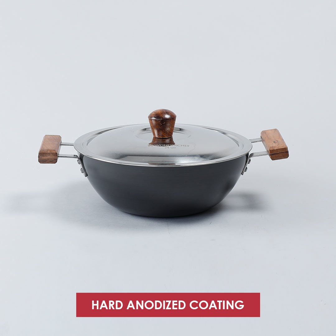 Wonderchef Ebony Hard Anodized Wok with Lid - 24cm 2.7L