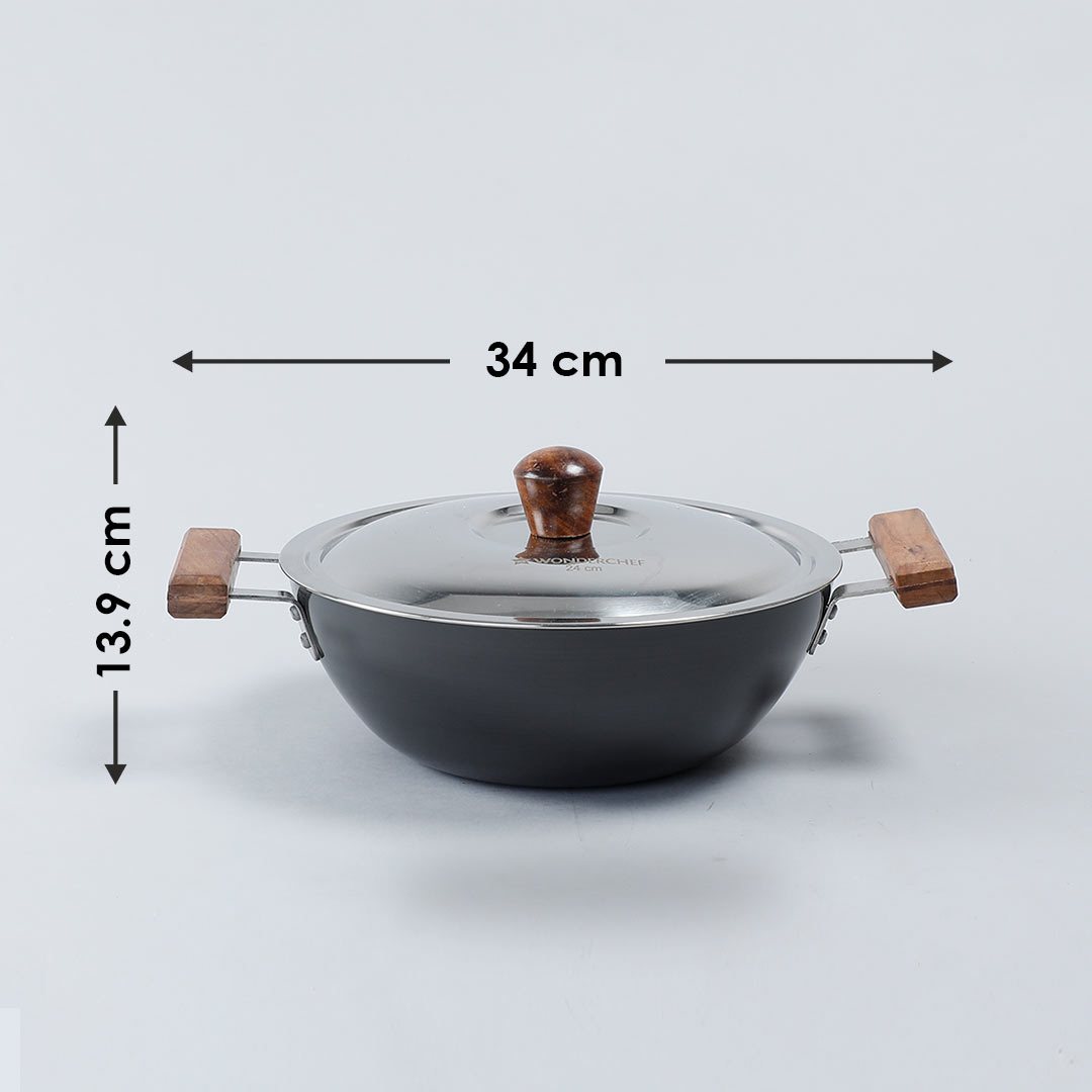 Wonderchef Ebony Hard Anodized Wok with Lid - 24cm 2.7L