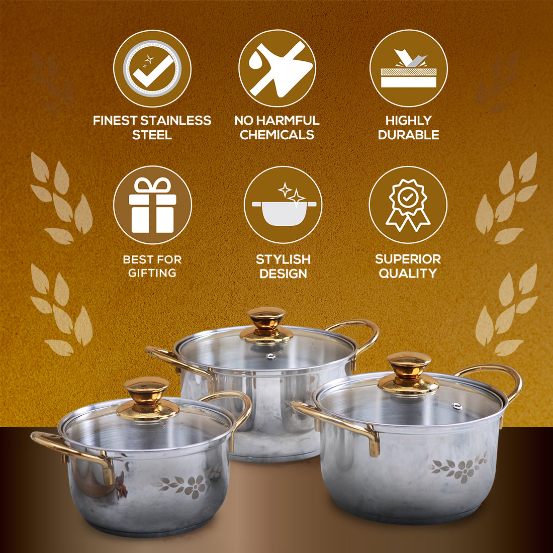 Wonderchef Gold Stanton Stainless Steel Casserole Set – 6 Pc