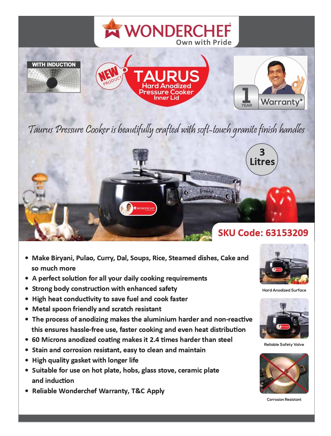 Wonderchef Taurus Hard Anodized Pressure Cooker Inner Lid 3L