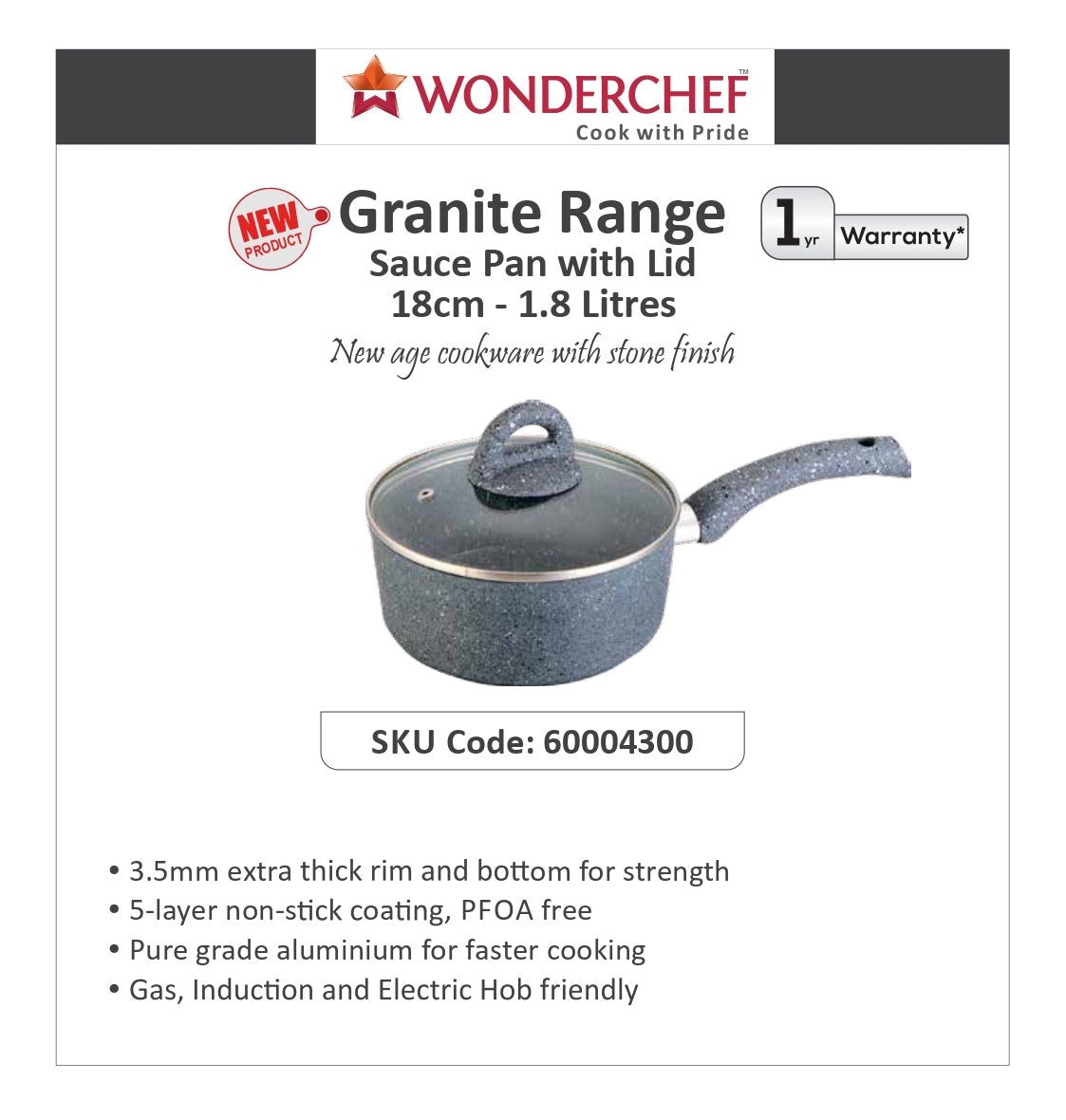 Wonderchef Granite Sauce Pan with Lid 18cm 1.8L