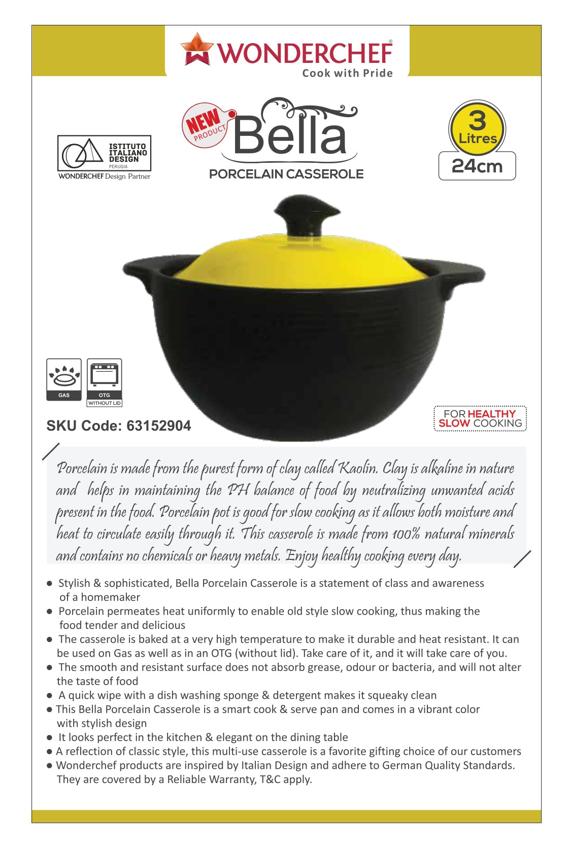 Wonderchef Bella Porcelain Casserole with Lid 24cm 3L