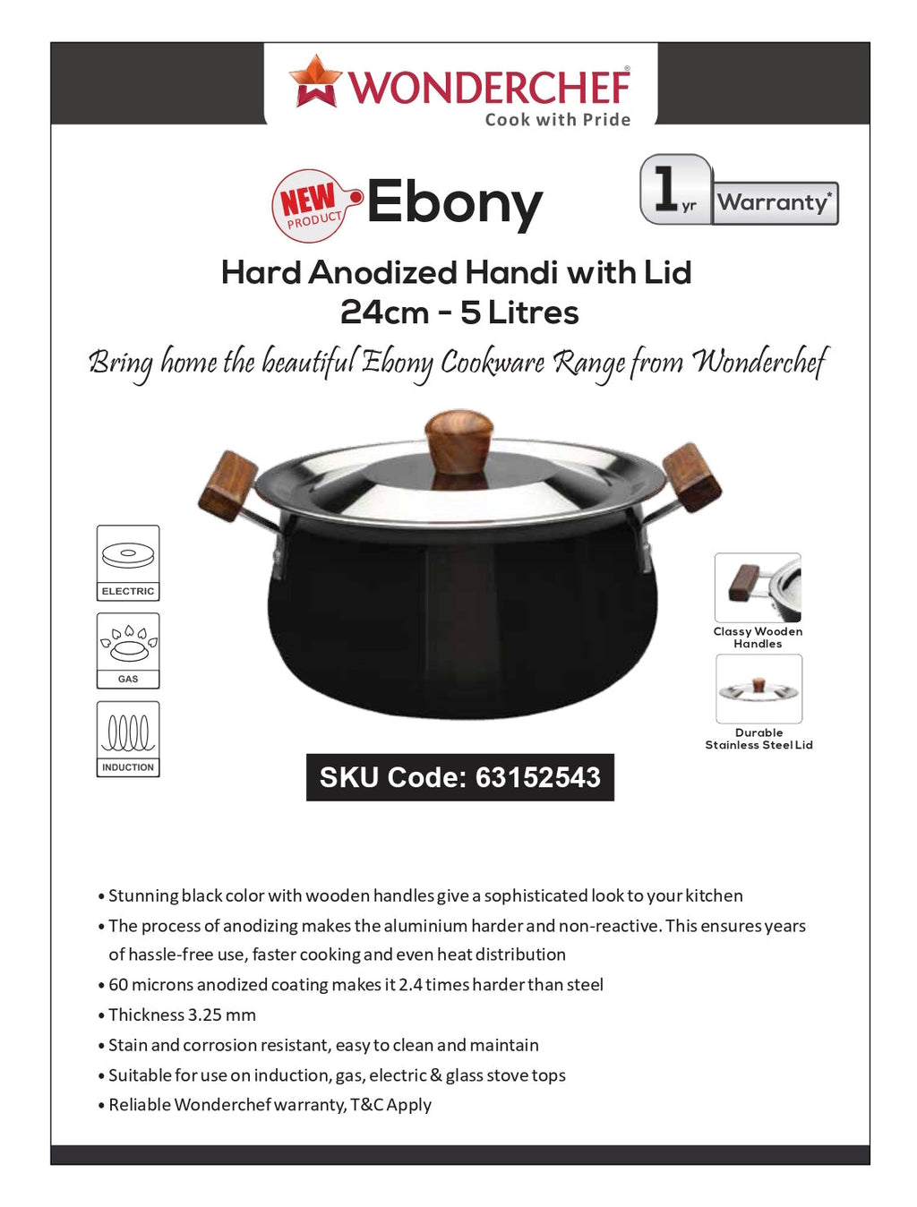 Wonderchef Ebony Hard Anodized Handi with Lid 24cm 5L