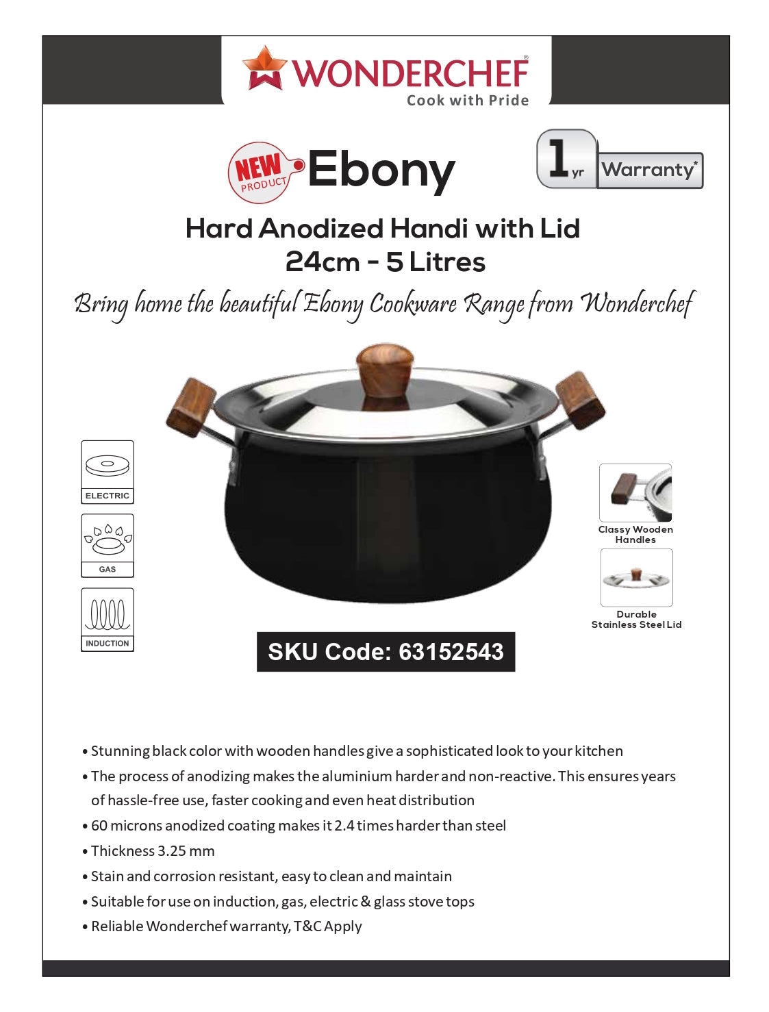 Wonderchef Ebony Hard Anodized Handi with Lid 24cm 5L