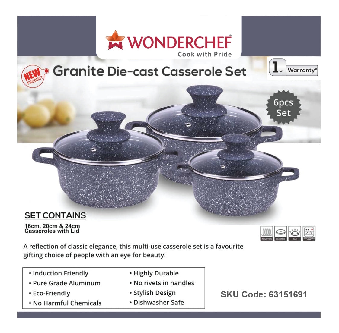 Wonderchef Granite Range Die-Cast Casserole Set – 6 Pc - Grey