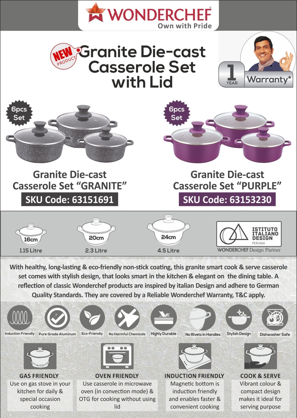 Wonderchef Granite Range Die-Cast Casserole Set – 6 Pc - Purple