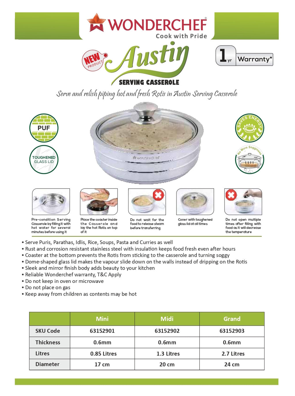 Wonderchef Austin Stainless Steel Serving Casserole - Mini