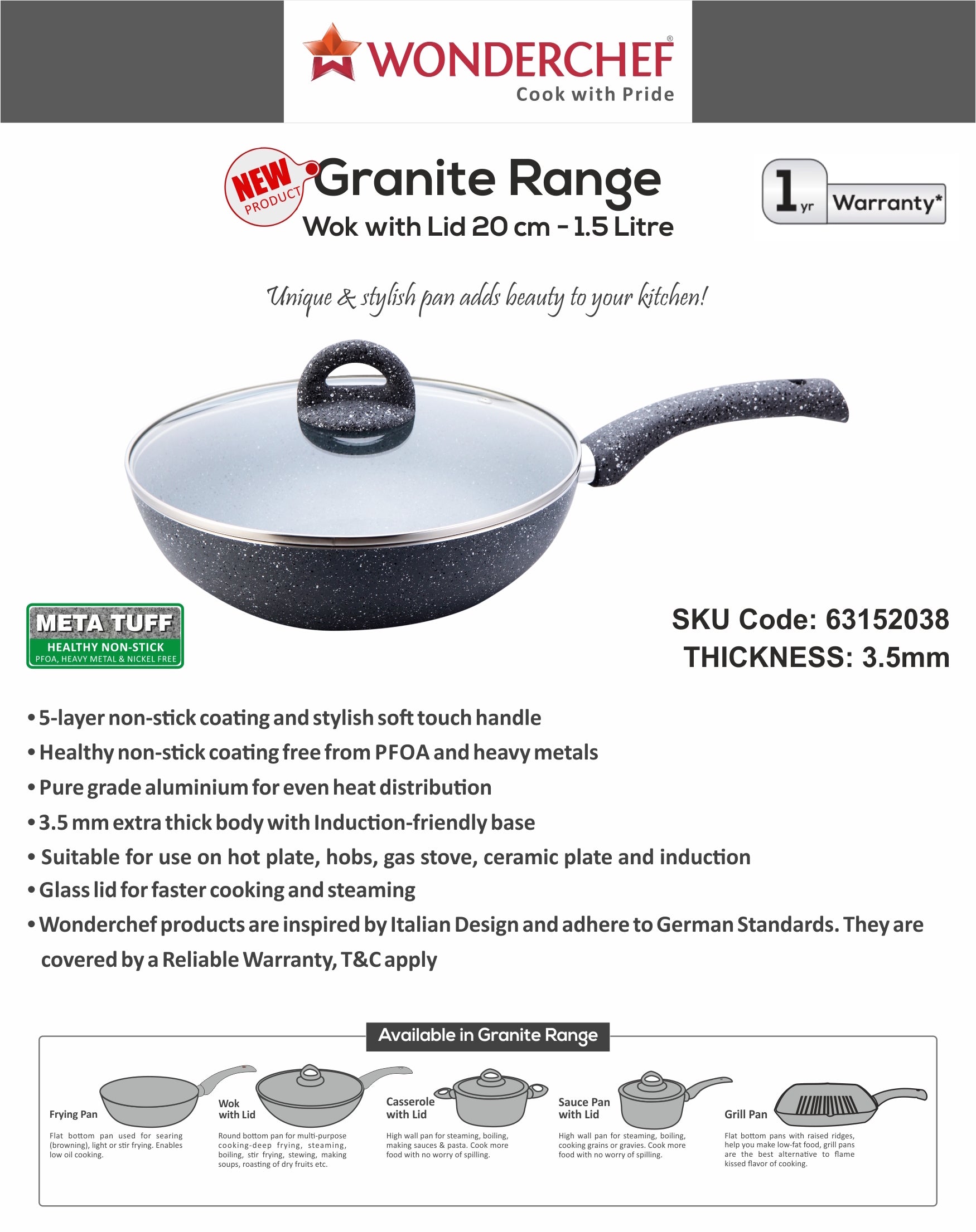 Wonderchef Granite Range Wok with Lid 20cm 1.5L